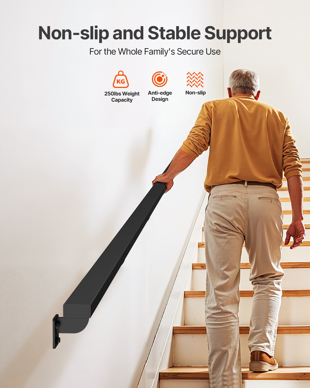 Wall Mounted Stair Handrail, 4575mm Black Aluminum Staircase Handrail Indoor, 113kg Load Capacity, Industrial Railing Hand Rail for Steps,  Square Tube for Loft Porch Deck, 6 Sections