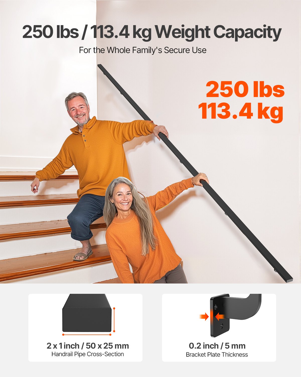 Wall Mounted Stair Handrail, 4575mm Black Aluminum Staircase Handrail Indoor, 113kg Load Capacity, Industrial Railing Hand Rail for Steps,  Square Tube for Loft Porch Deck, 6 Sections