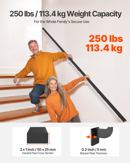 Wall Mounted Stair Handrail, 4575mm Black Aluminum Staircase Handrail Indoor, 113kg Load Capacity, Industrial Railing Hand Rail for Steps,  Square Tube for Loft Porch Deck, 6 Sections
