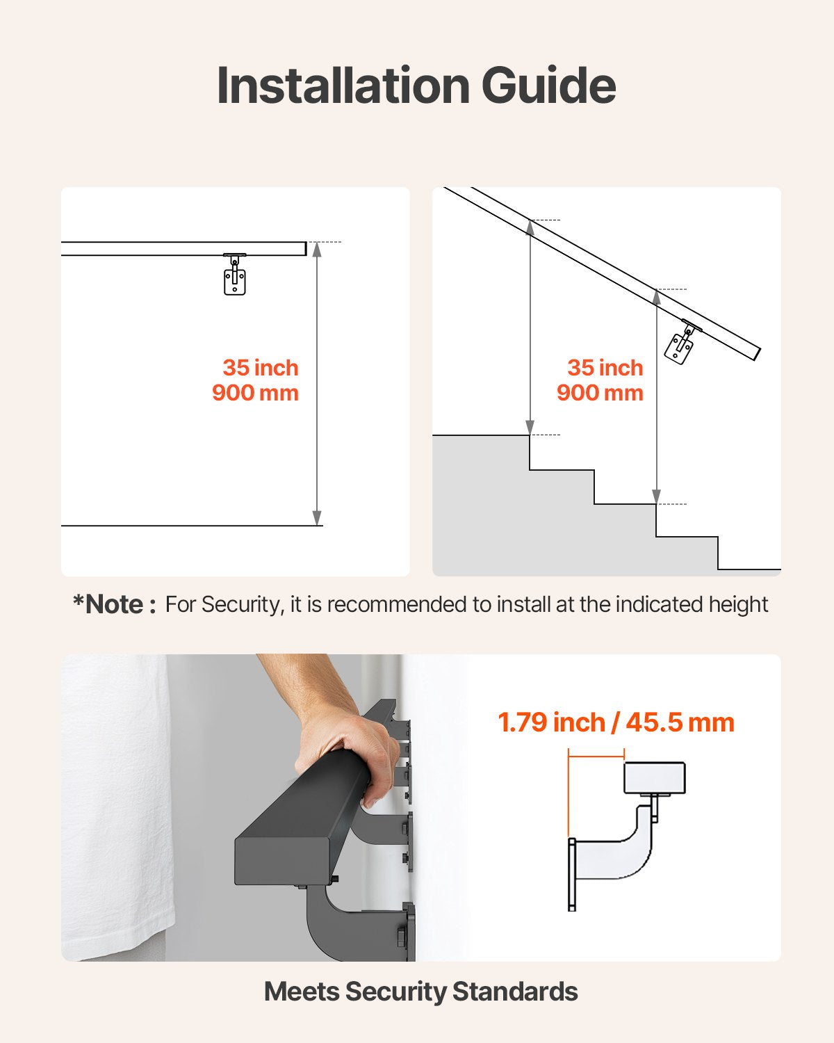 Wall Mounted Stair Handrail, 4575mm Black Aluminum Staircase Handrail Indoor, 113kg Load Capacity, Industrial Railing Hand Rail for Steps,  Square Tube for Loft Porch Deck, 6 Sections