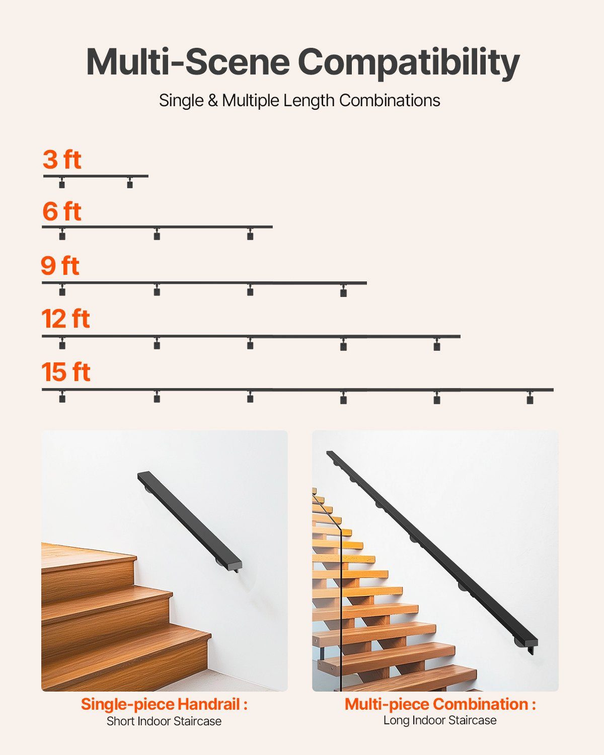 Wall Mounted Stair Handrail, 4575mm Black Aluminum Staircase Handrail Indoor, 113kg Load Capacity, Industrial Railing Hand Rail for Steps,  Square Tube for Loft Porch Deck, 6 Sections