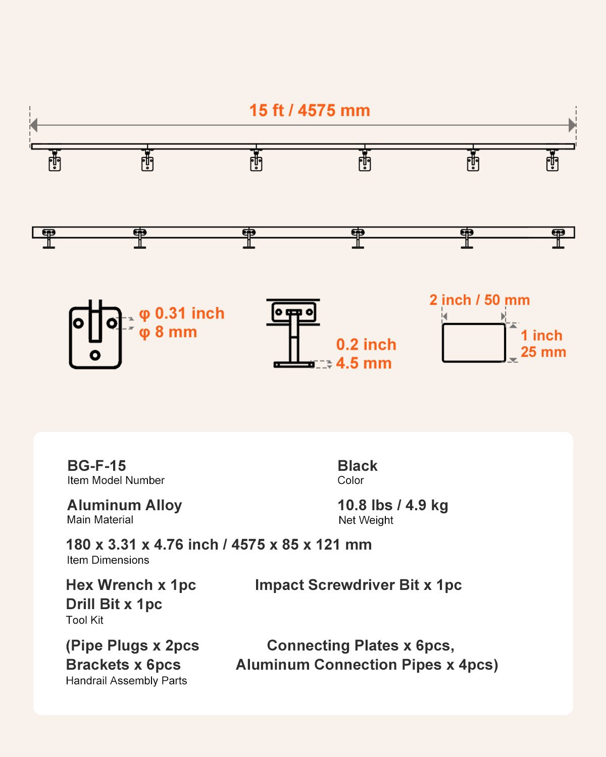Wall Mounted Stair Handrail, 4575mm Black Aluminum Staircase Handrail Indoor, 113kg Load Capacity, Industrial Railing Hand Rail for Steps,  Square Tube for Loft Porch Deck, 6 Sections