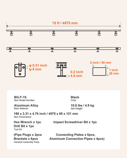 Wall Mounted Stair Handrail, 4575mm Black Aluminum Staircase Handrail Indoor, 113kg Load Capacity, Industrial Railing Hand Rail for Steps,  Square Tube for Loft Porch Deck, 6 Sections