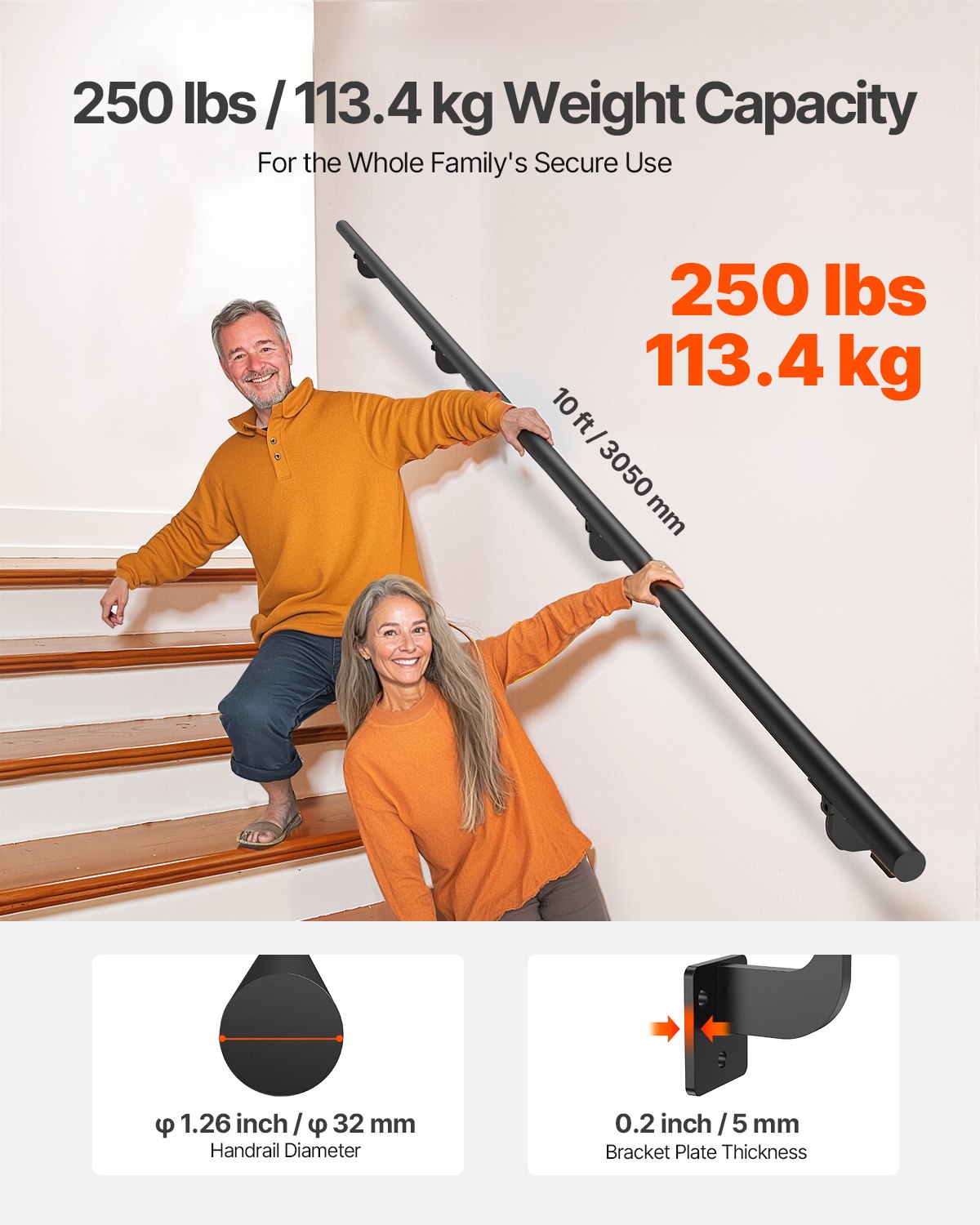 Wall Mounted Stair Handrail, 3050mm Pipe Staircase Handrail, Black Galvanized Aluminum, 32mm Pipe Diameter, Indoor&Outdoor Staircase Railing, Industrial Hand Rail for Steps, Security Baluster
