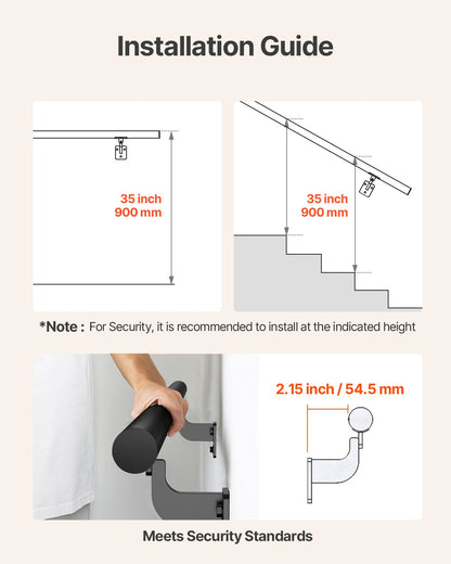 Wall Mounted Stair Handrail, 3050mm Pipe Staircase Handrail, Black Galvanized Aluminum, 32mm Pipe Diameter, Indoor&Outdoor Staircase Railing, Industrial Hand Rail for Steps, Security Baluster