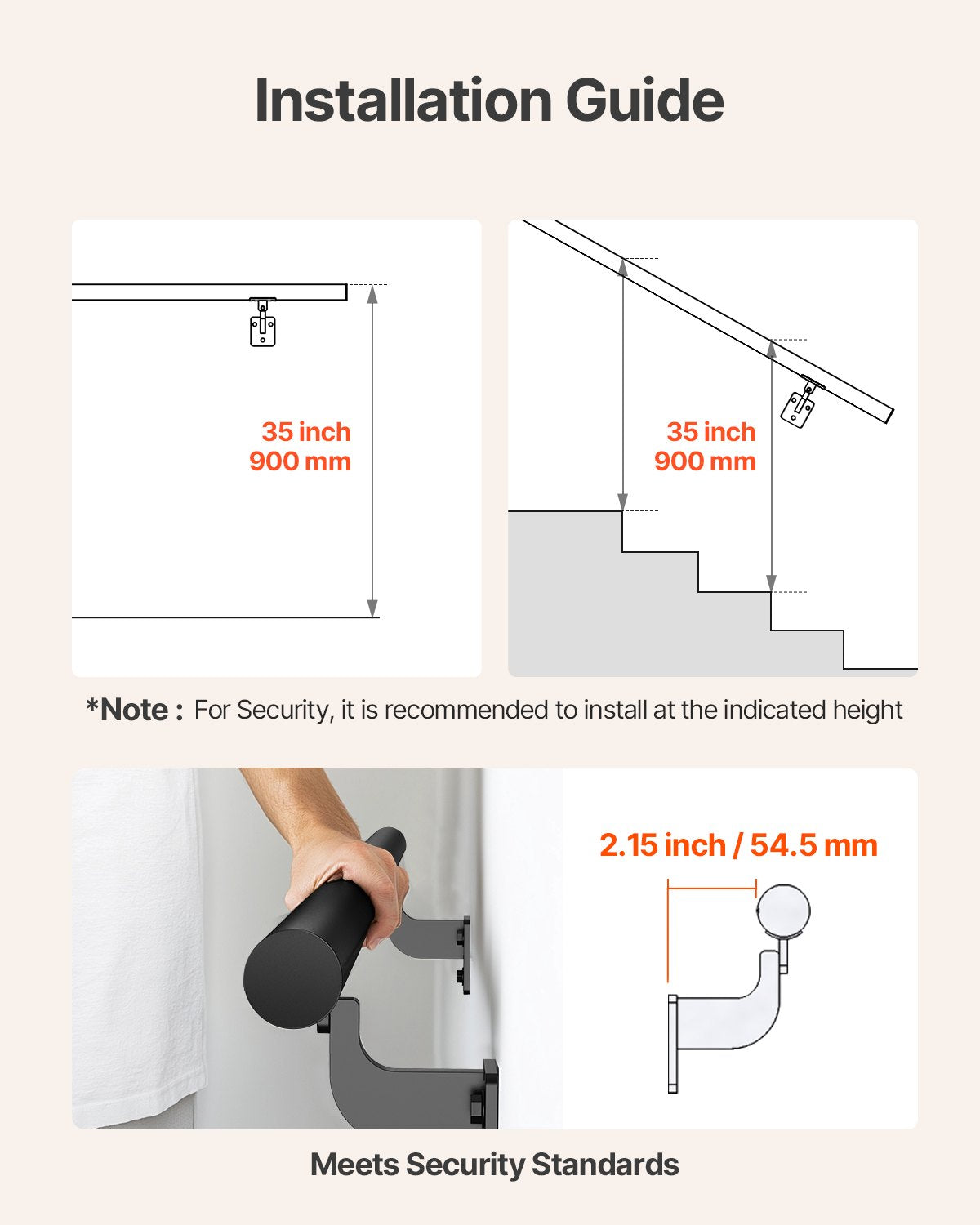 Wall Mounted Stair Handrail, 3665mm Pipe Staircase Handrail, Black Galvanized Aluminum, 32mm Pipe Diameter, Indoor&Outdoor Staircase Railing, Industrial Hand Rail for Steps, Security Baluster