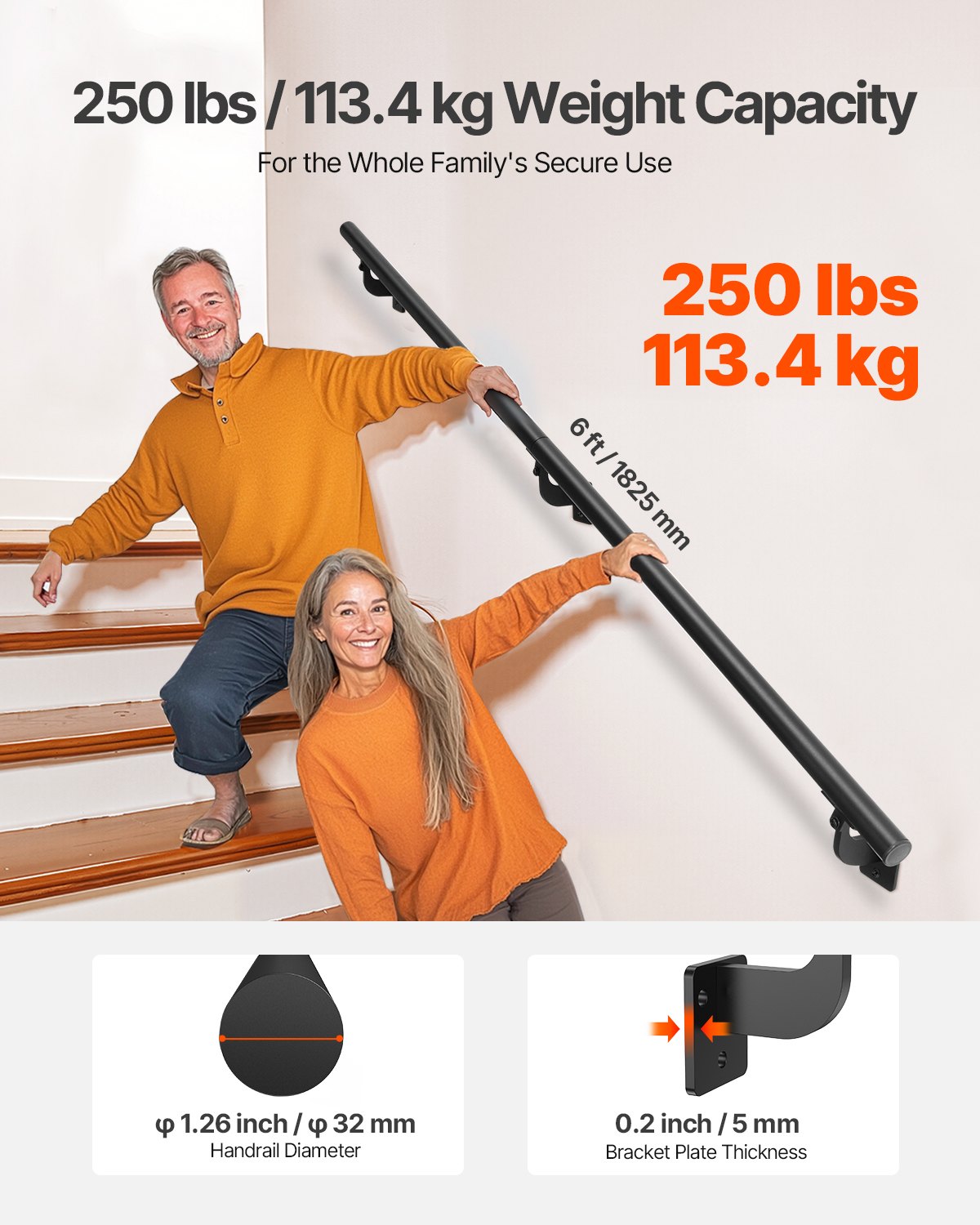 Wall Mounted Stair Handrail, 1825mm Pipe Staircase Handrail, Black Galvanized Aluminum, 32mm Pipe Diameter, Indoor&Outdoor Staircase Railing, Industrial Hand Rail for Steps, Security Baluster