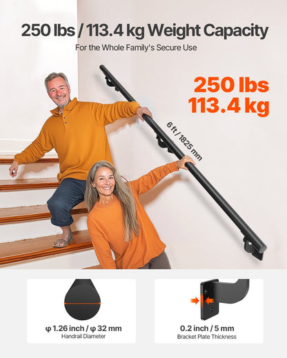 Wall Mounted Stair Handrail, 1825mm Pipe Staircase Handrail, Black Galvanized Aluminum, 32mm Pipe Diameter, Indoor&Outdoor Staircase Railing, Industrial Hand Rail for Steps, Security Baluster