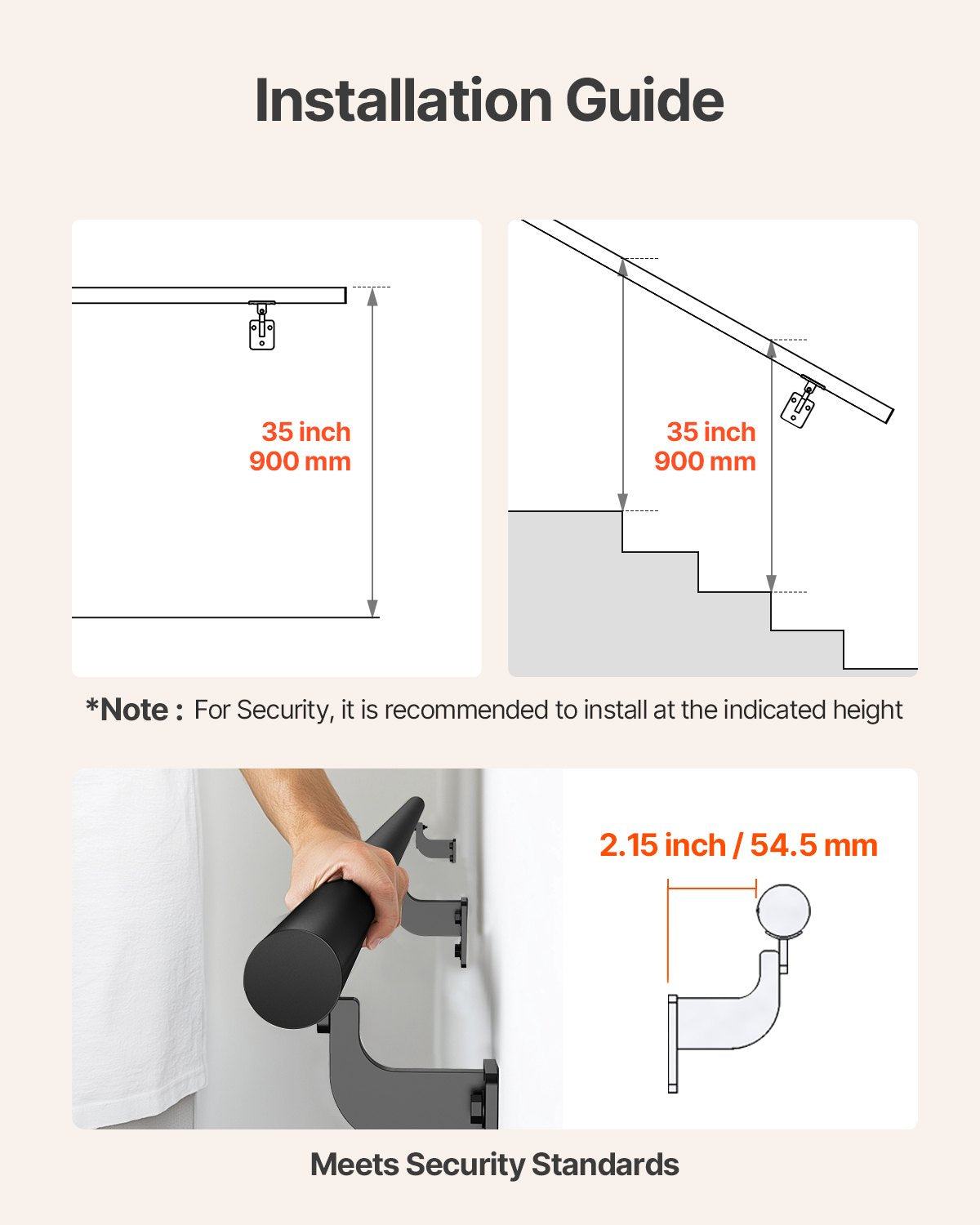 Wall Mounted Stair Handrail, 1825mm Pipe Staircase Handrail, Black Galvanized Aluminum, 32mm Pipe Diameter, Indoor&Outdoor Staircase Railing, Industrial Hand Rail for Steps, Security Baluster