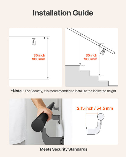 Wall Mounted Stair Handrail, 1825mm Pipe Staircase Handrail, Black Galvanized Aluminum, 32mm Pipe Diameter, Indoor&Outdoor Staircase Railing, Industrial Hand Rail for Steps, Security Baluster