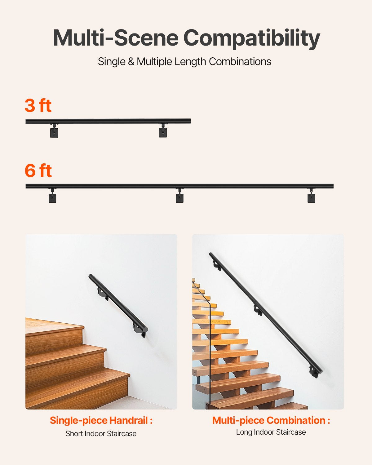 Wall Mounted Stair Handrail, 1825mm Pipe Staircase Handrail, Black Galvanized Aluminum, 32mm Pipe Diameter, Indoor&Outdoor Staircase Railing, Industrial Hand Rail for Steps, Security Baluster