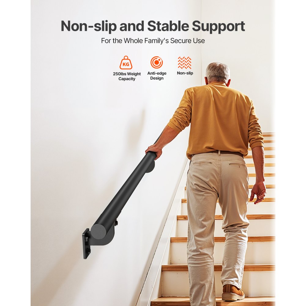 VEVOR 2130mm Wall Mounted Stair Handrail Black Aluminum Indoor Outdoor Railing