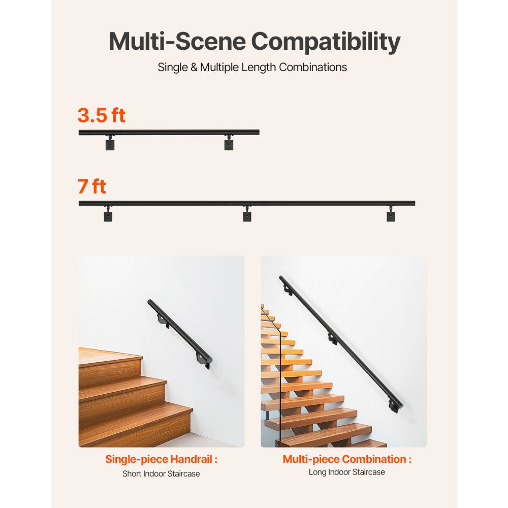 VEVOR 2130mm Wall Mounted Stair Handrail Black Aluminum Indoor Outdoor Railing