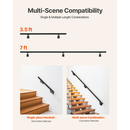VEVOR 2130mm Wall Mounted Stair Handrail Black Aluminum Indoor Outdoor Railing