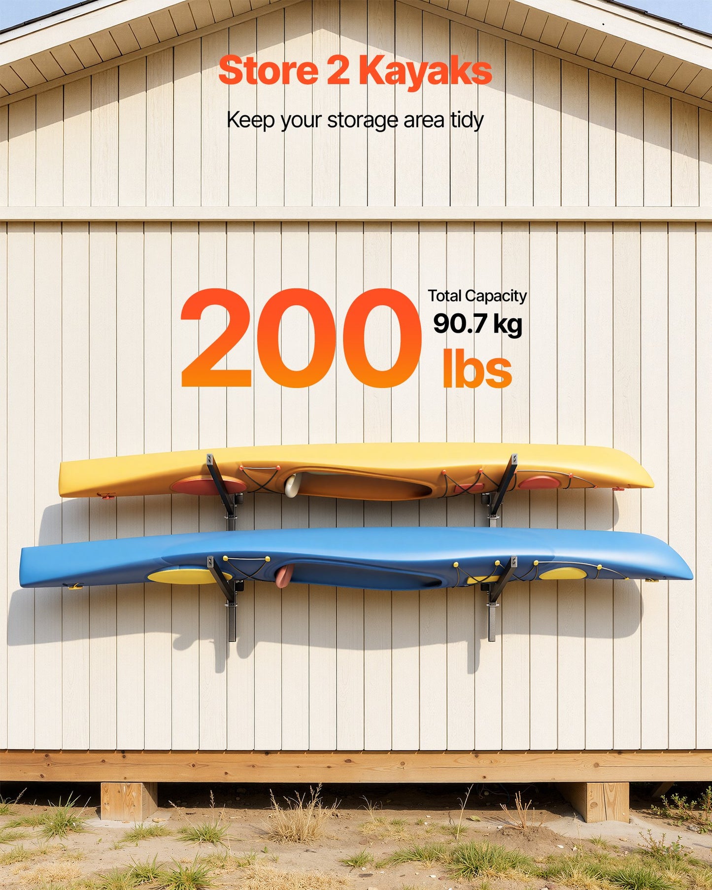 Kayak Storage Rack for 2 Kayaks, Holds 90.7 kg, Heavy Duty Adjustable Wall Mount Stand for Indoor Outdoor Garage Shed Dock, Storage Holder for Canoe, Small Boat, SUP, Surfboard & Paddleboard