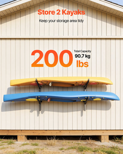 Kayak Storage Rack for 2 Kayaks, Holds 90.7 kg, Heavy Duty Adjustable Wall Mount Stand for Indoor Outdoor Garage Shed Dock, Storage Holder for Canoe, Small Boat, SUP, Surfboard & Paddleboard