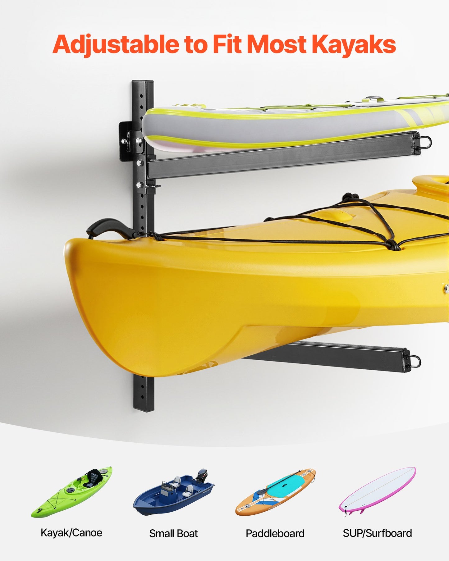 Kayak Storage Rack for 2 Kayaks, Holds 90.7 kg, Heavy Duty Adjustable Wall Mount Stand for Indoor Outdoor Garage Shed Dock, Storage Holder for Canoe, Small Boat, SUP, Surfboard & Paddleboard
