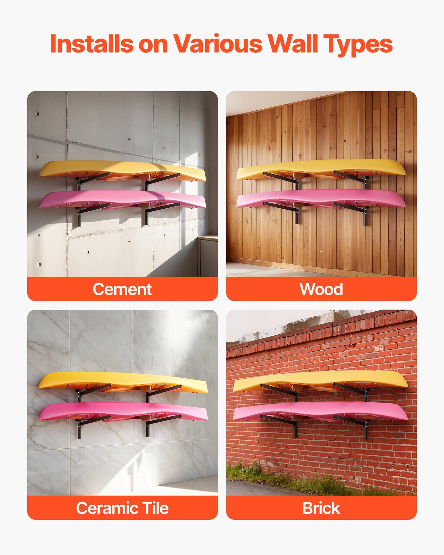 Kayak Storage Rack for 2 Kayaks, Holds 90.7 kg, Heavy Duty Adjustable Wall Mount Stand for Indoor Outdoor Garage Shed Dock, Storage Holder for Canoe, Small Boat, SUP, Surfboard & Paddleboard