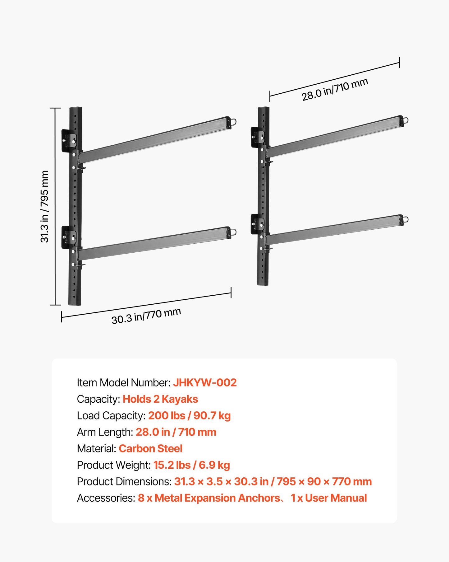 Kayak Storage Rack for 2 Kayaks, Holds 90.7 kg, Heavy Duty Adjustable Wall Mount Stand for Indoor Outdoor Garage Shed Dock, Storage Holder for Canoe, Small Boat, SUP, Surfboard & Paddleboard