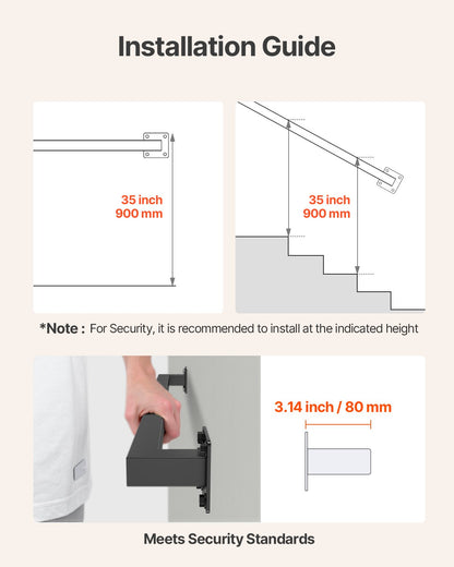 Wall Mounted Stair Handrail, 910mm Black Iron Staircase Handrail Indoor, 113kg Load Capacity, Industrial Railing Hand Rail for Steps,  Square Tube for Loft Porch Deck, 2 Sections