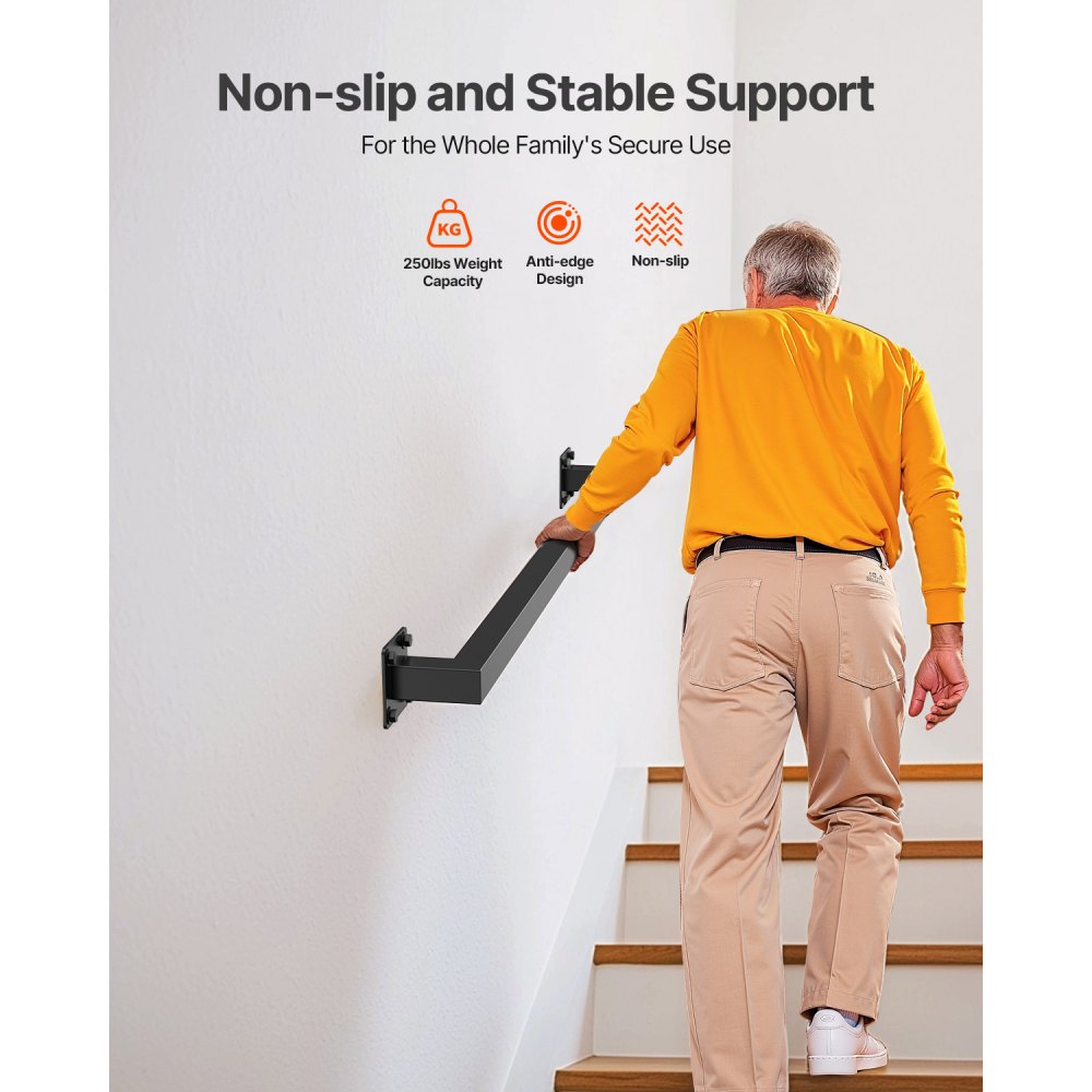 VEVOR 1215mm Wall Mounted Stair Handrail Black Iron 113kg Load Square Tube