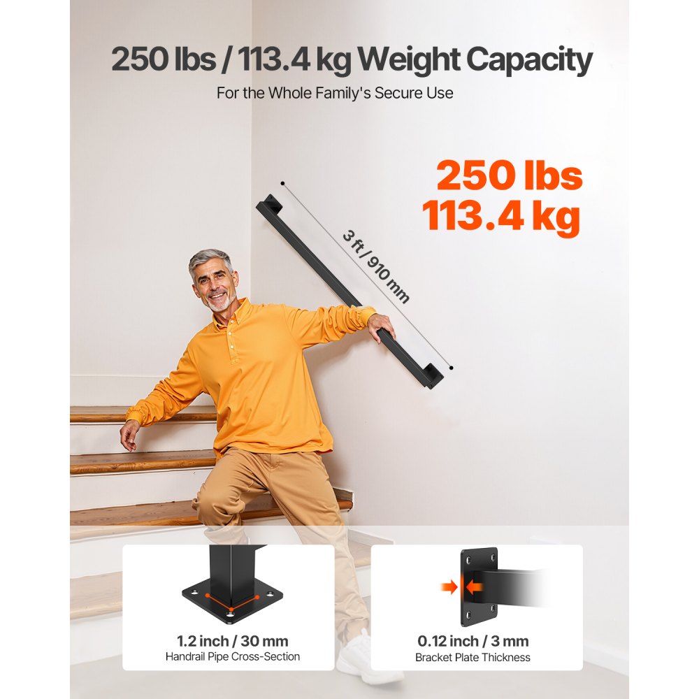 VEVOR 1215mm Wall Mounted Stair Handrail Black Iron 113kg Load Square Tube