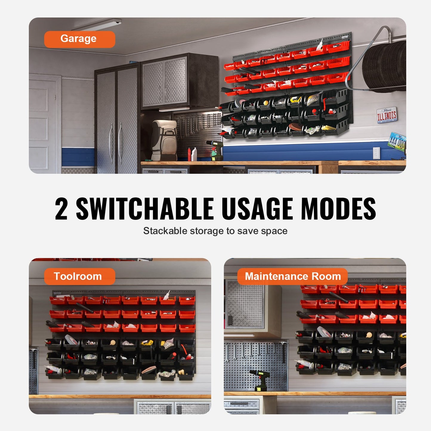 VEVOR Wall Mounted Storage Bins, 48-Bin Parts Rack Organizer Garage Plastic Shop