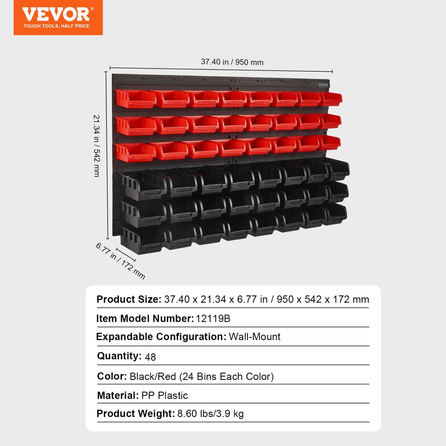 VEVOR Wall Mounted Storage Bins, 48-Bin Parts Rack Organizer Garage Plastic Shop