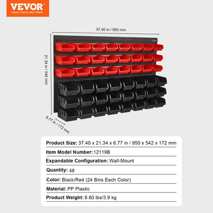 Wall-Mounted 48-Bin Storage Rack Organizer for Garage, Black/Red, 950 x 542 mm
