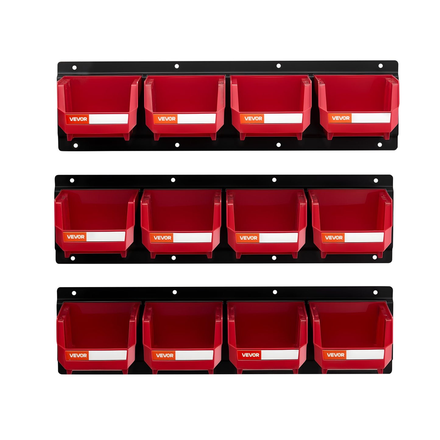 Wall Mounted Storage Bins, 12 Plastic Bins & 3 Metal Rails, Plastic Hanging Stackable Storage Bin for Screws, Nuts, Bolts, Nails, Hardware Tool Organizer for Workshop, Craft Room, Garage, Red