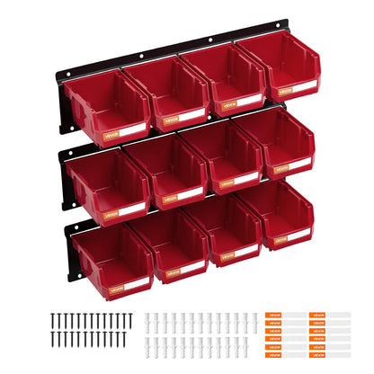 Wall Mounted Storage Bins, 12 Plastic Bins & 3 Metal Rails, Plastic Hanging Stackable Storage Bin for Screws, Nuts, Bolts, Nails, Hardware Tool Organizer for Workshop, Craft Room, Garage, Red