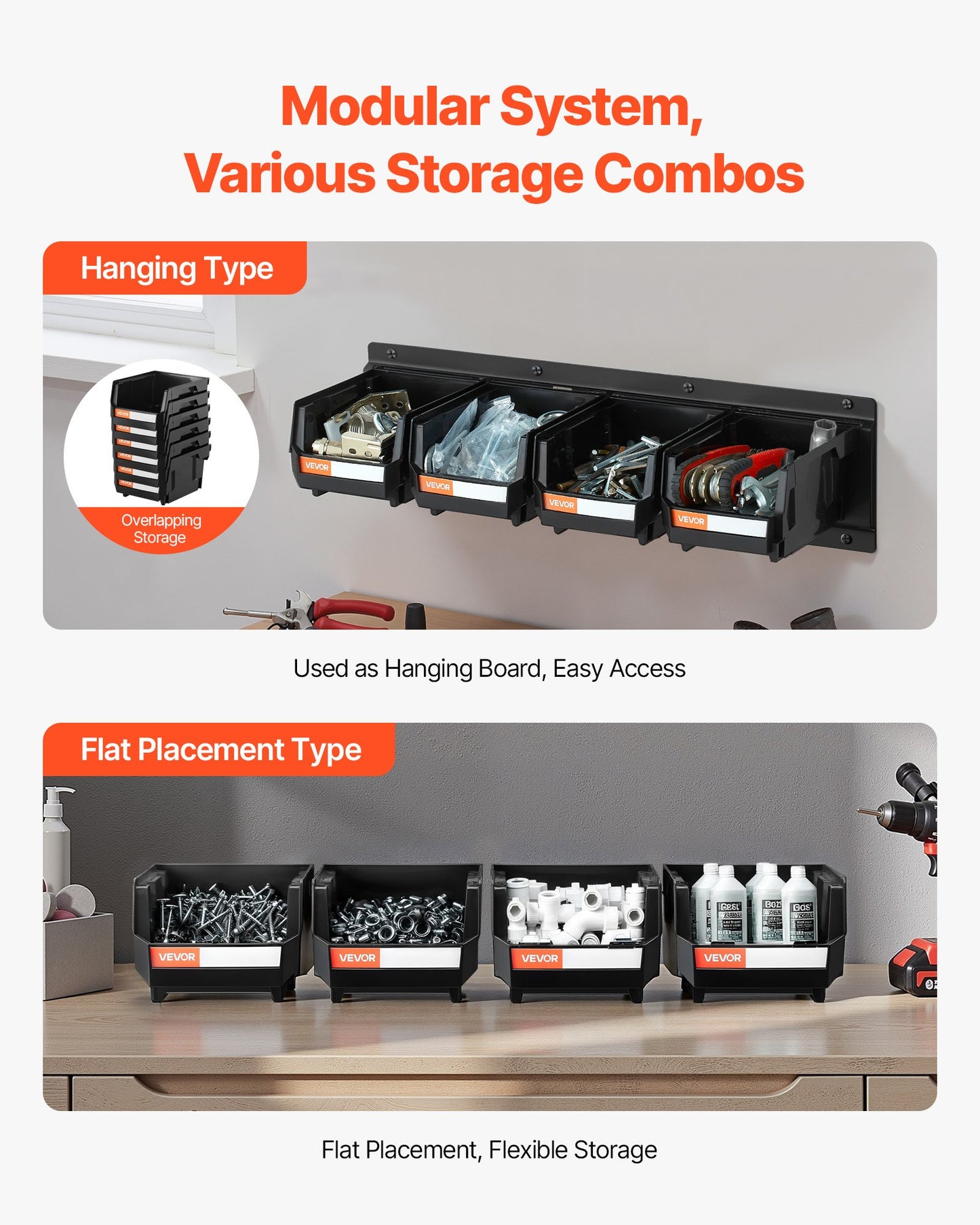 Wall Mounted Storage Bins, 12 Plastic Bins & 3 Metal Rails, Plastic Hanging Stackable Storage Bin for Screws, Nuts, Bolts, Nails, Hardware Tool Organizer for Workshop, Craft Room, Garage, Black
