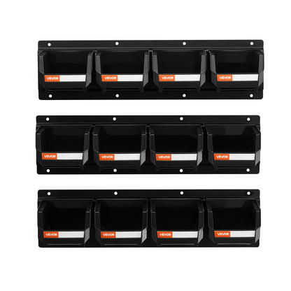 Wall Mounted Storage Bins, 12 Plastic Bins & 3 Metal Rails, Plastic Hanging Stackable Storage Bin for Screws, Nuts, Bolts, Nails, Hardware Tool Organizer for Workshop, Craft Room, Garage, Black