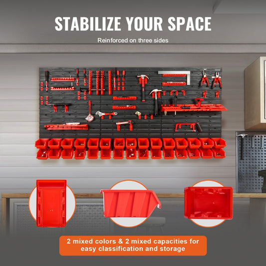 Wall-Mounted 30-Bin Storage Rack, Garage Organizer with Hooks, Black/Red