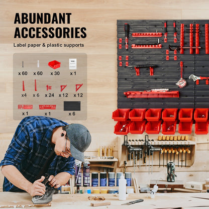 Wall-Mounted 30-Bin Storage Rack, Garage Organizer with Hooks, Black/Red