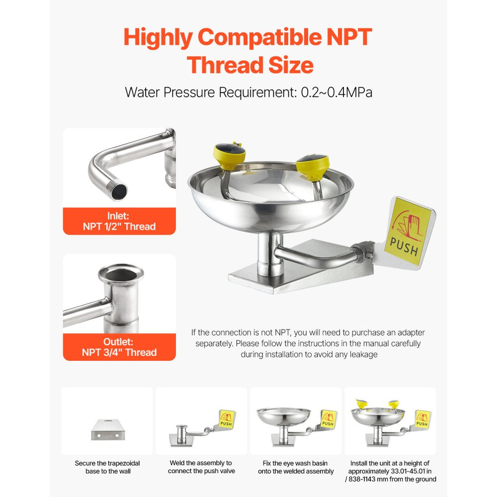 VEVOR Eyewash Emergency Face Eye Washing Station Stainless Steel Wall-Mounted