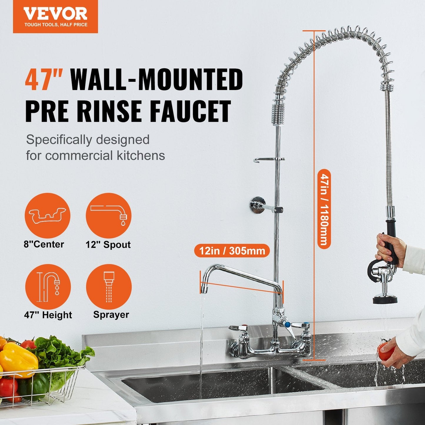 Commercial Wall Mount Kitchen Faucet with Pre-Rinse Sprayer, 1.2m Height