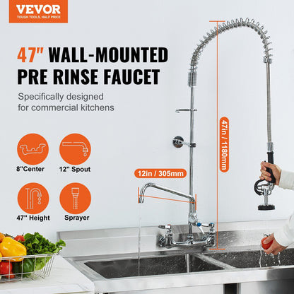 Commercial Wall Mount Kitchen Faucet with Pre-Rinse Sprayer, 1.2m Height