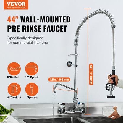 Commercial Wall-Mount Kitchen Faucet with Pre-Rinse Sprayer, 1.1m Height, Brass