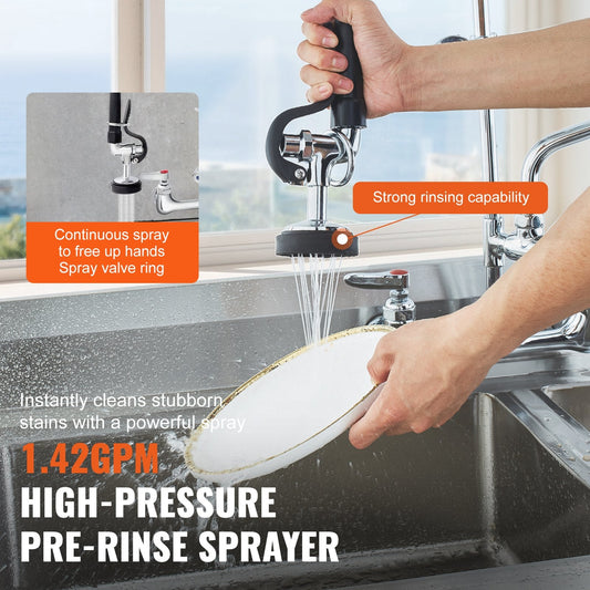 Commercial Wall-Mount Kitchen Faucet with Pre-Rinse Sprayer, 1.1m Height, Brass