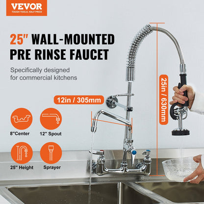 Commercial Wall-Mount Kitchen Faucet with Dual Mode Pre-Rinse Sprayer, 0.64m Height