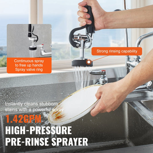 Commercial Wall-Mount Kitchen Faucet with Dual Mode Pre-Rinse Sprayer, 0.64m Height