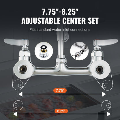 Commercial Wall-Mount Kitchen Faucet with Dual Mode Pre-Rinse Sprayer, 0.64m Height