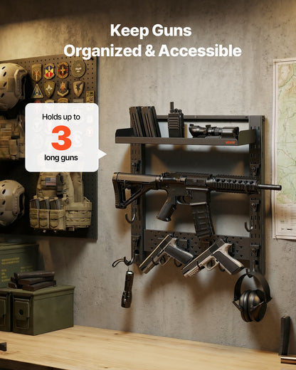 Gun Rack Wall Mount, Heavy Duty Steel, Indoor Rifle Shotgun Rack with J-Hooks, Additional Tray Storage, Gun Accessories Display Storage Holder, Hold Up to 3 Rifles or Shotguns, for Tactical Gear
