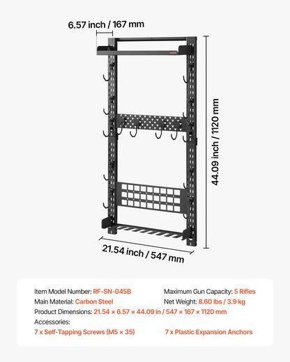 Gun Rack Wall Mount, Heavy Duty Steel, Indoor Rifle Shotgun Rack with Magazine Holder, MOLLE Panel, Gun Accessories Display Storage Holder, Hold Up to 5 Rifles or Shotguns, for Tactical Gear