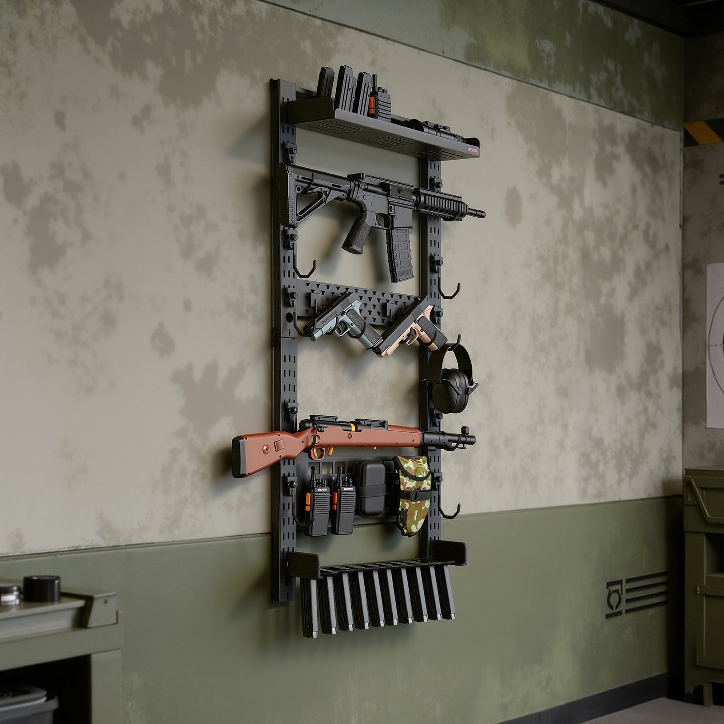 Gun Rack Wall Mount, Heavy Duty Steel, Indoor Rifle Shotgun Rack with Magazine Holder, MOLLE Panel, Gun Accessories Display Storage Holder, Hold Up to 5 Rifles or Shotguns, for Tactical Gear