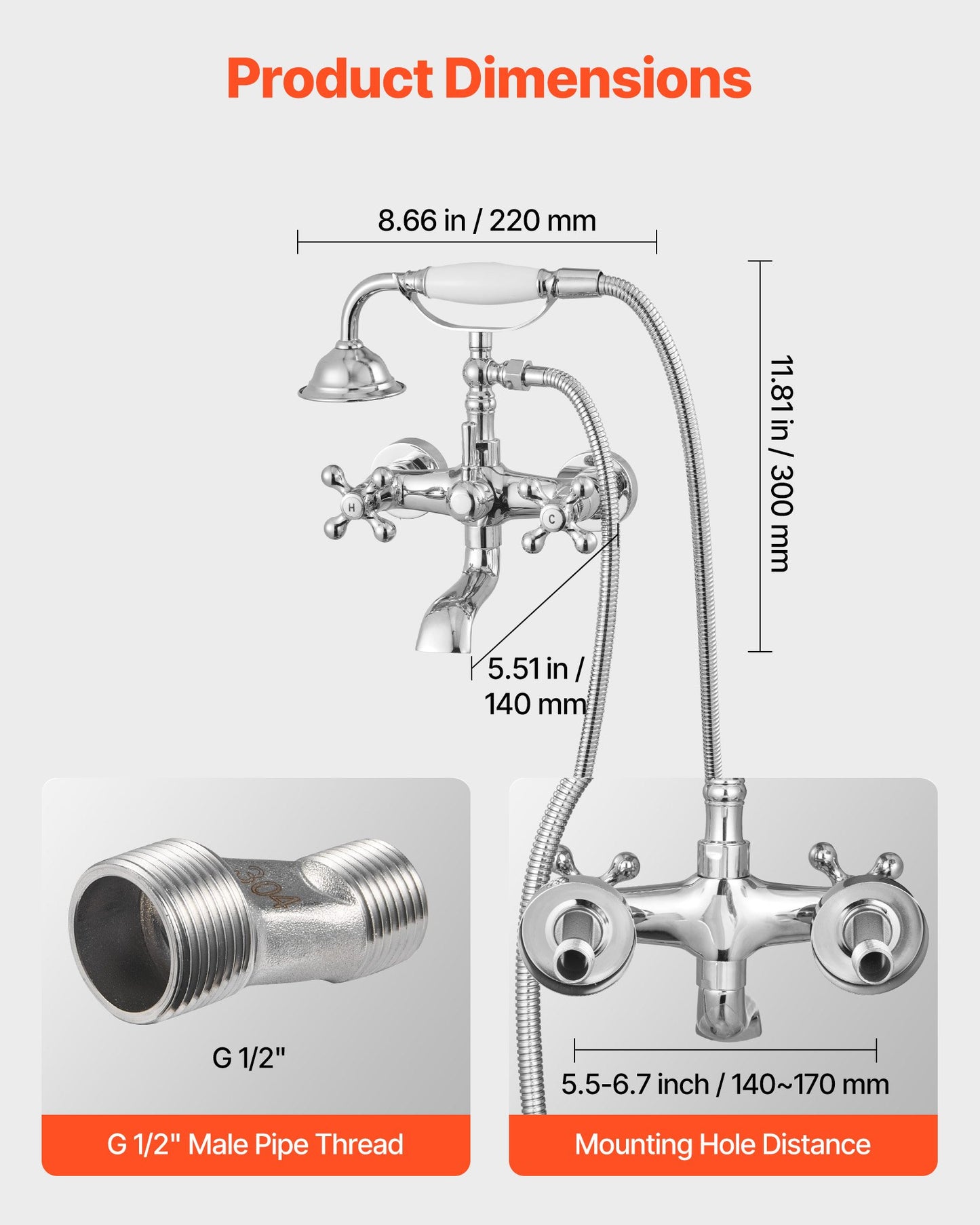 Clawfoot Tub Faucet, Wall Mount Bathtub Faucets with Handheld Shower, Vintage Polished Chrome Clawfoot Tub Filler Faucet Shower Kit with Adjustable Swing Arms & 360° Rotation Spout for Bathtubs