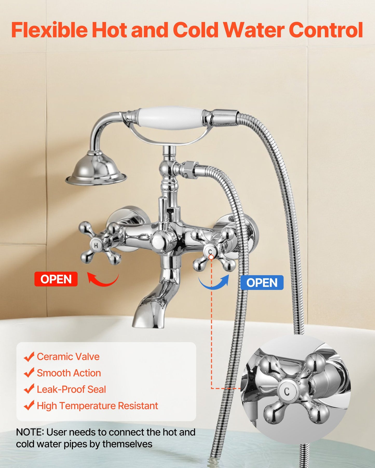 Clawfoot Tub Faucet, Wall Mount Bathtub Faucets with Handheld Shower, Vintage Polished Chrome Clawfoot Tub Filler Faucet Shower Kit with Adjustable Swing Arms & 360° Rotation Spout for Bathtubs