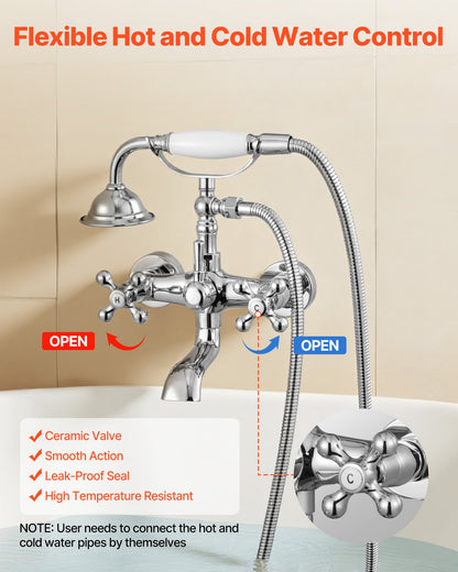 Clawfoot Tub Faucet, Wall Mount Bathtub Faucets with Handheld Shower, Vintage Polished Chrome Clawfoot Tub Filler Faucet Shower Kit with Adjustable Swing Arms & 360° Rotation Spout for Bathtubs