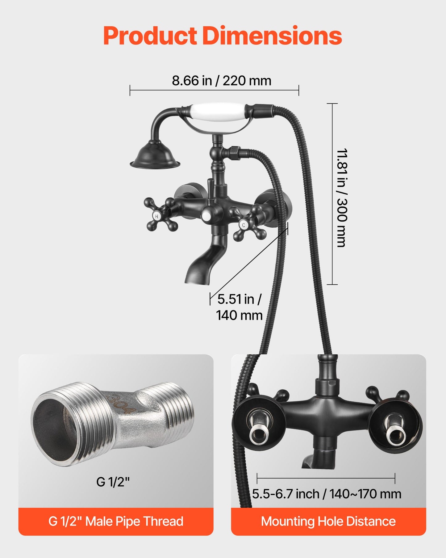 Clawfoot Tub Faucet, Wall Mount Bathtub Faucets with Handheld Shower, Vintage Oil-Rubbed Bronze Clawfoot Tub Filler Faucet Shower Kit with Adjustable Swing Arms & 360° Rotation Spout for Bathtubs